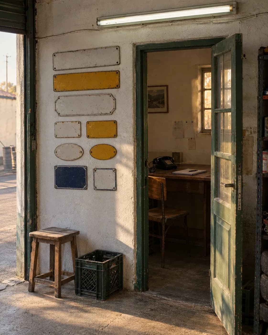 O pequeno escritório da oficina: porta de vidro, um calendário antigo, matrículas e placas esmaltadas numa parede caiada