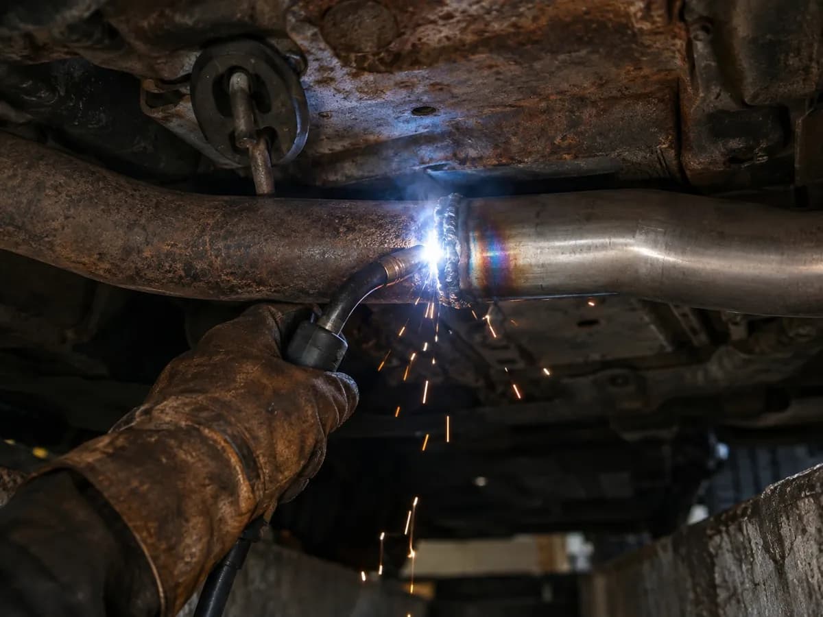 Visto do fosso: uma mão de luva a soldar um troço de tubo novo debaixo de um carro, faíscas a cair