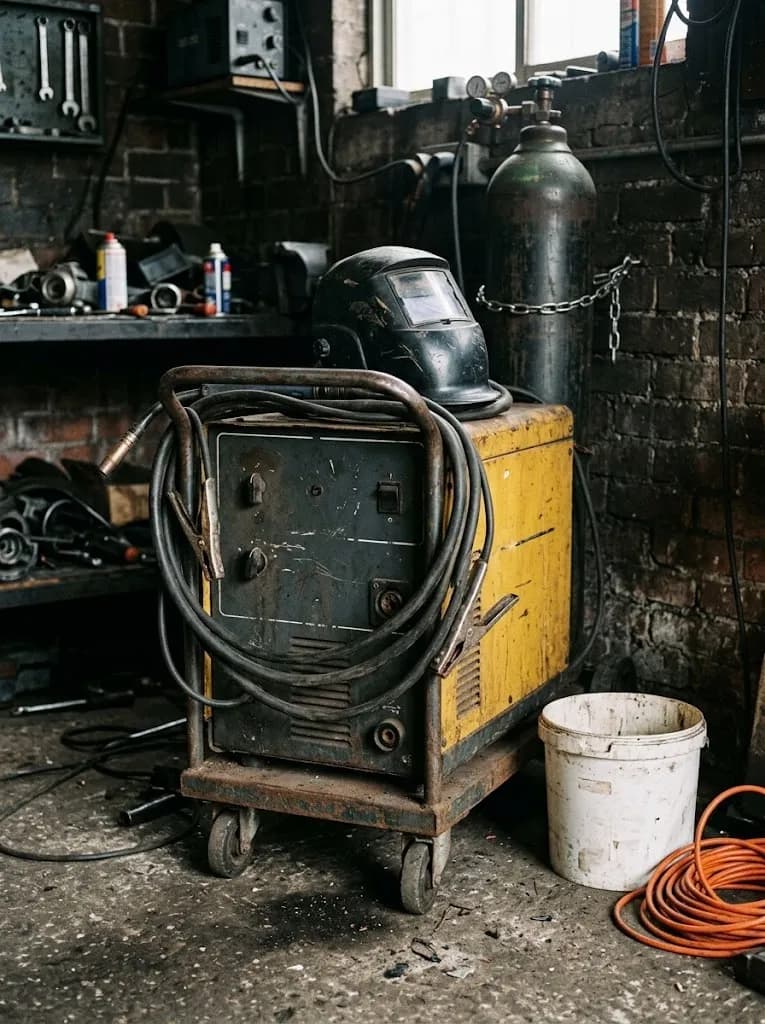 Uma máquina de soldar MIG antiga num carrinho, o cabo enrolado, uma máscara de soldar por cima